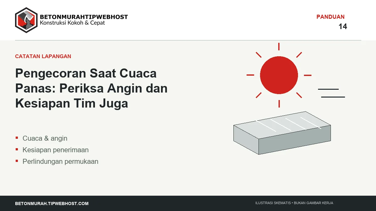 Ilustrasi Pengecoran Saat Cuaca Panas: Periksa Angin dan Kesiapan Tim Juga berlogo Beton Murah Tipwebhost